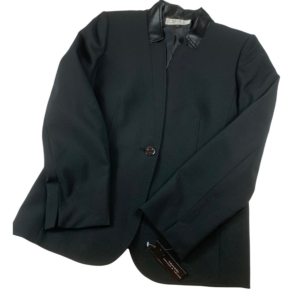 NWT Tahari Arthur S. Levine Womens Black Faux Leather Trim Blazer Jacket Sz 10